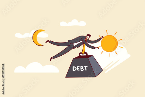 Debt crisis for salary man, working hard day until night making money to pay for debt of overspending habit concept, tried businessman holding on the moon and sun with heavy weight with the word debt.