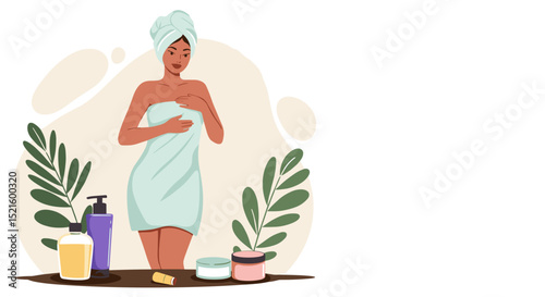 Young woman in towel applying lotion after shower in spa setting, Young woman in towel applying lotion or cream after shower at home, suitable for cosmetic brands, beauty bloggers, online courses, il 