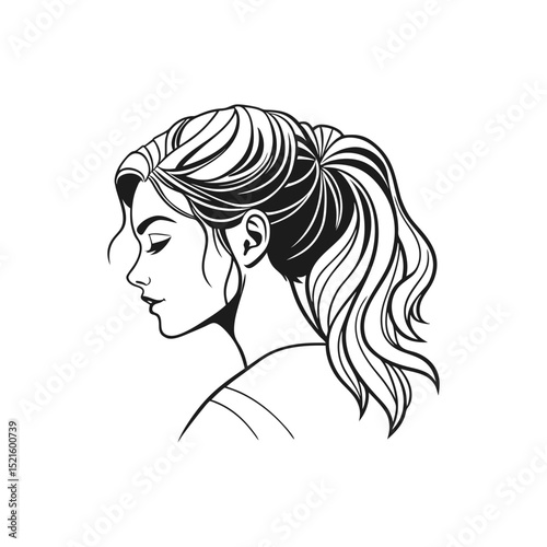 Woman profile silhouette with high ponytail isolated on transparent background