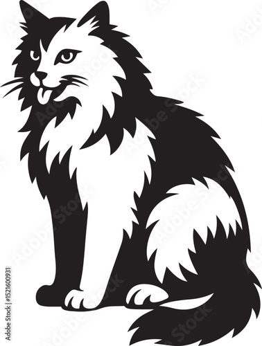 Sitting cat with tongue out vector sketch, Playful pet cat minimal design