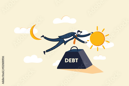 Debt crisis for salary man, working hard day until night making money to pay for debt of overspending habit concept, tried businessman holding on the moon and sun with heavy weight with the word debt.