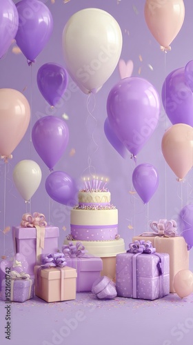 Colorful Celebration Setup With Balloons, Gifts, and a Cake for a Joyful Occasion