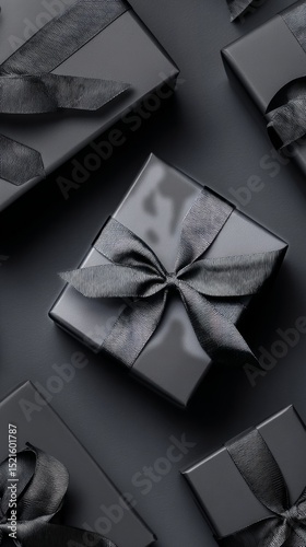Elegant Black Gift Boxes Arranged on a Dark Surface Ready for Special Occasions and Celebrations