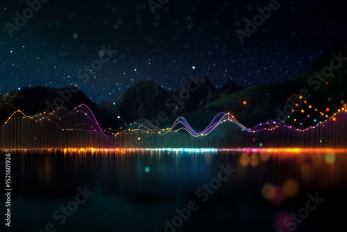 Bright Lights Illuminate a Mountainous Landscape During Night Near Calm Water Body.