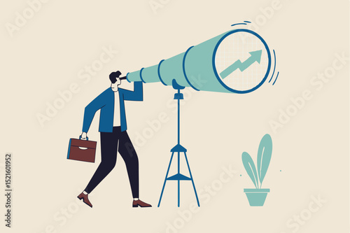 Business and investment vision to see ahead future return or ability to see opportunities for work and career concept, smart businessman investor look into huge telescope to see rising up green graph.