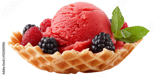 Red sorbet served in a waffle bowl with blackberries and raspberries  