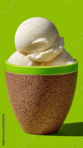 Creamy vanilla ice cream scoops in a stylish cup against a vivid green background