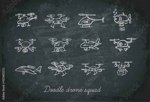 Childlike rough vector doodles of various drones on blackboard background. Delivery, underwater, quadcopter, helicopter, airplane, and spy drones