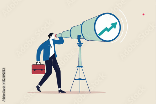 Business and investment vision to see ahead future return or ability to see opportunities for work and career concept, smart businessman investor look into huge telescope to see rising up green graph.