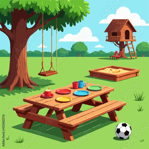 Summer backyard picnic scene with treehouse and swing