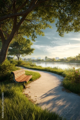 Serene Riverside Path in a Tranquil Park During Golden Hour Sunlight