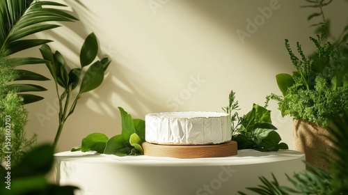 Delicate Cheese Surrounded by Fresh Herbs on a Textured Surface.