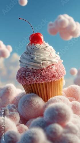 Delightful Pink Cupcake With Cherry Atop Fluffy Clouds in a Bright Blue Sky