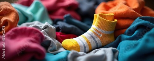 A single, mismatched sock, brightly colored, lies abandoned amidst a pile of neatly folded laundry; a playful image of unexpected oddity , bright colors, playful image