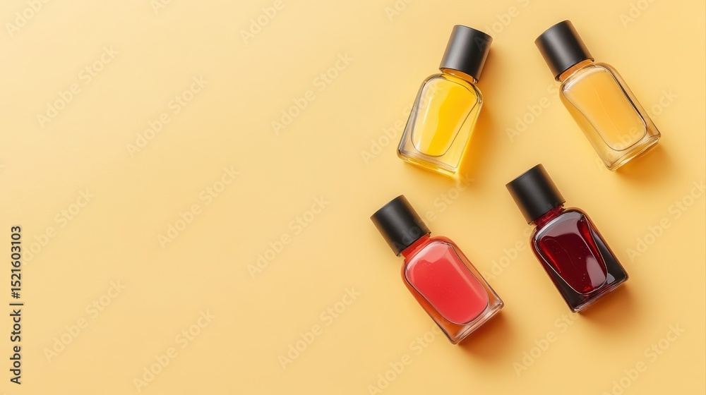 Obraz premium Nail polishes in bottles on color background, flat lay. Space for text