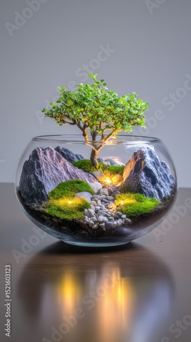 Miniature bonsai tree in a glass terrarium with illuminated miniature landscape and nature scene