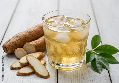 Refreshing arrowroot tea and arrowroot in a glass cup. Perfect for wellness and herbal medicine concepts. Perfect for health blogs and organic product promotions.