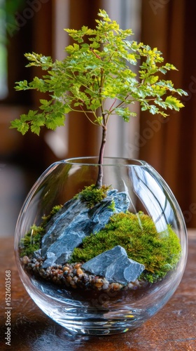 A stunning bonsai tree growing inside a decorative glass terrarium with moss and rock features