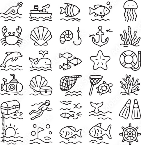 Ocean line icons set. Fish, ship, star fish, net, seashell, treasure, turtle, crab, sea plant, scuba driver, wale