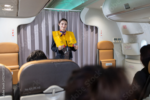 Flight attendant demonstrating safety instructions onboard