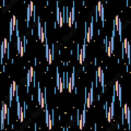 Stripes pattern of short vertical blue, pink, yellow on black background. Seamless vertical lines vector. Concept of cute, simple, trendy, abstract geometric, pixel for textile, wrap, texture, tiles.