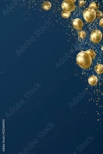 Gold Spheres Cascading Against a Dark Blue Background Creating a Festive Atmosphere.