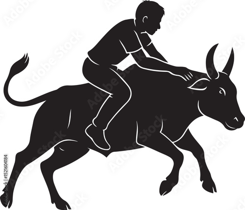Boy riding bull dynamic silhouette, Young rodeo rider bold black art