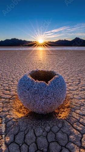 Dramatic sunrise over cracked earth landscape with a unique weathered stone formation