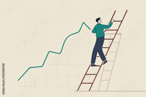Stock price growth, asset price soaring or rising up, bullish stock market or economic recovery concept, confident businessman trader climbing up ladder to draw green rising up investment line graph.