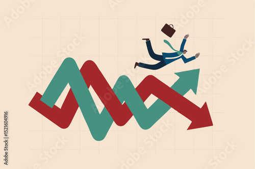 Financial investment volatility, uncertainty or change in business and stock market due to Coronavirus crisis concept, businessman investor fall on uncertainty, volatile up and down arrow profit graph