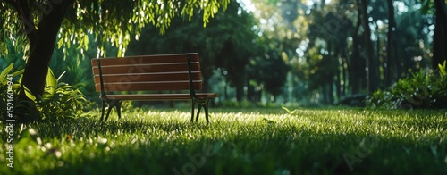 Quiet Wooden Bench Under Lush Trees in Peaceful Park During Bright Afternoon Light