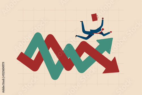 Financial investment volatility, uncertainty or change in business and stock market due to Coronavirus crisis concept, businessman investor fall on uncertainty, volatile up and down arrow profit graph