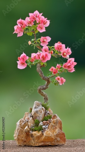 Beautiful pink bougainvillea bonsai plant featuring delicate flowers and curving trunk