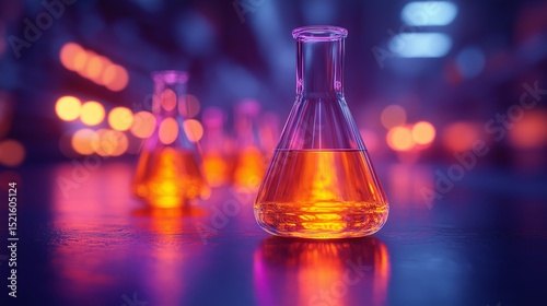 Laboratory Flasks in Gradient Lighting: Illustrating the intricate beauty of scientific instruments and laboratory glassware, this image displays a glowing flask bathed in gradient lighting.