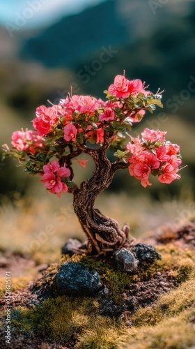 Beautiful miniature bonsai tree with pink blooming flowers in a peaceful garden setting