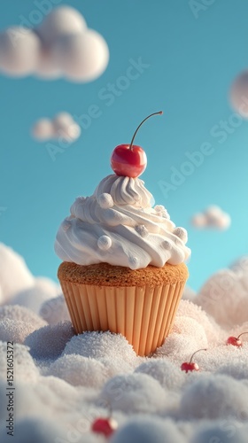 Delightful Pink Cupcake With Cherry Atop Fluffy Clouds in a Bright Blue Sky.