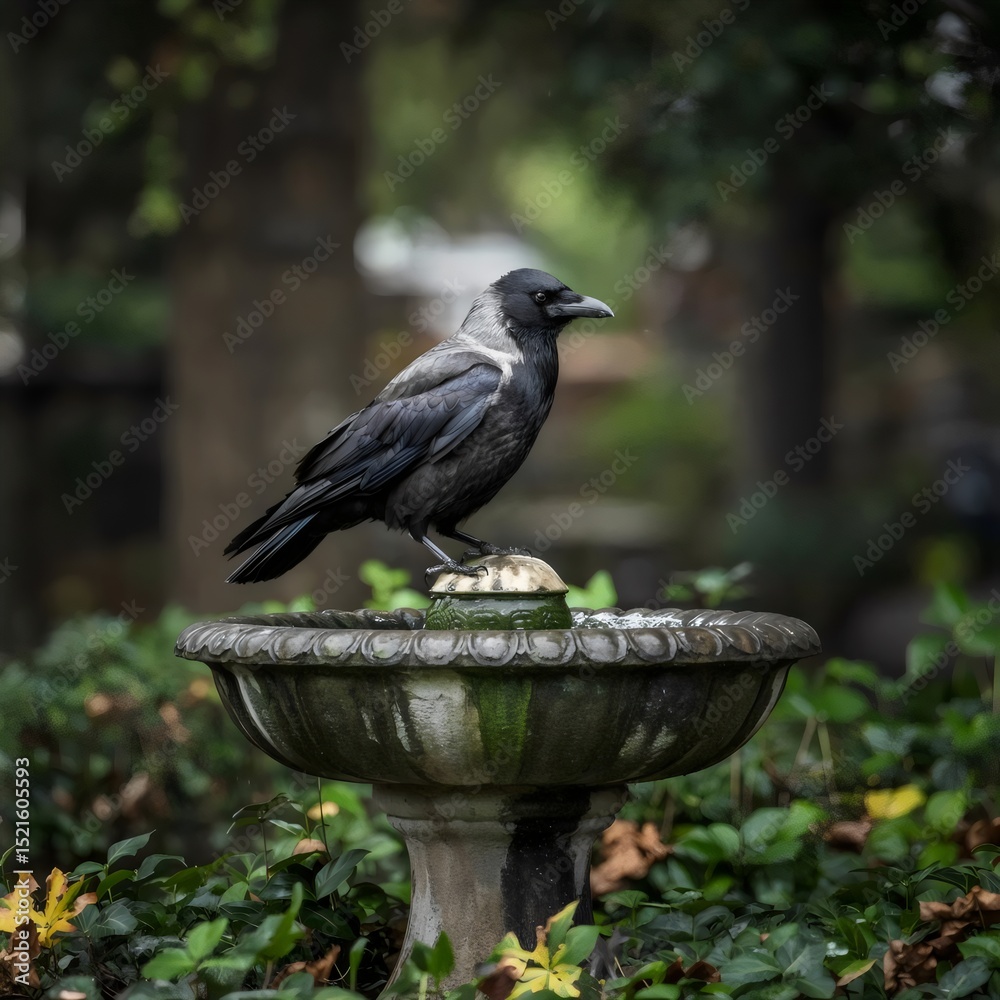 Fototapeta premium solitary black crow perched on stone fountain in garden – ideal for nature photography, wildlife themes, or mysterious outdoor scenes