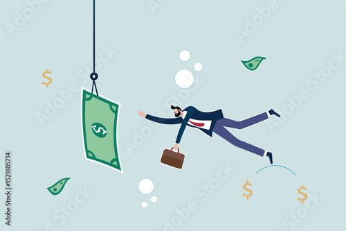 Investment risk or money trap, business fraud and cheating or financial pitfall and mistake concept, businessman diving into business ocean takes a bait to the hook fishing with money dollar banknote.