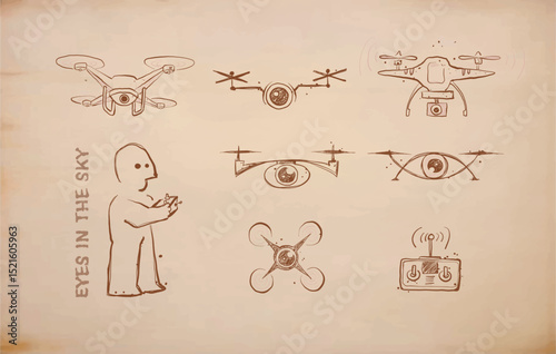 Doodle-style vector illustration of drones with eye-shaped cameras, remote control, and a childlike drone operator on vintage paper background.