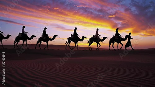Majestic camel caravan silhouetted against vibrant desert sunset
