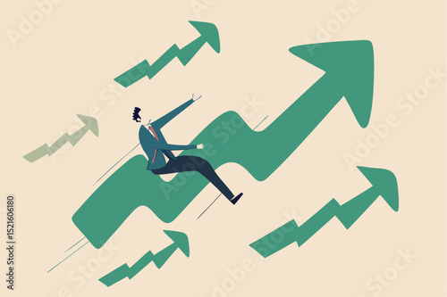 Stock market price rising up skyrocket in bull market, positive growing up business or ambition for winner investor concept, confidence businessman riding fast speed green rising up graph to the top.