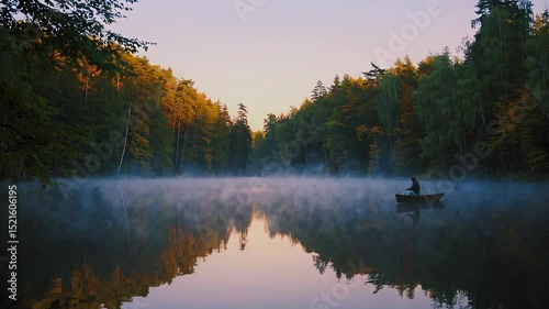 Misty sunrise boat journey on serene forest lake reflecting autumn colors