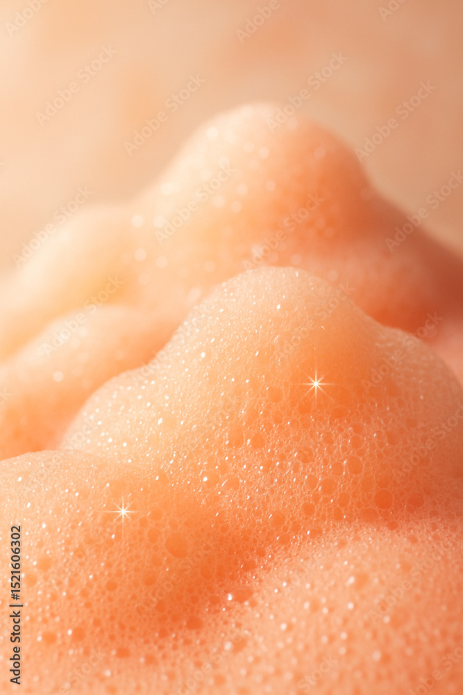 Fototapeta premium Macro of Orange Soap Foam with Shimmering Bubbles and Soft Texture 