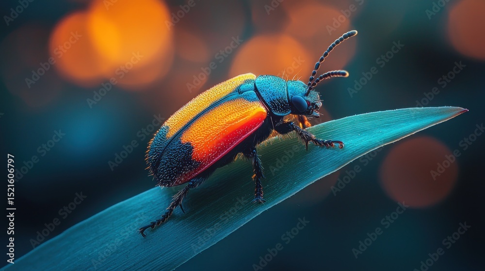 Fototapeta premium Colorful beetle on blade of grass, vibrant hues