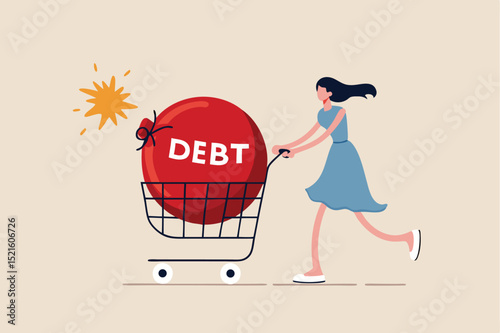 Over shopping, buy thing and pay more than revenue or income, household debt or financial loan and mortgage concept, young woman walk with shopping cart with big bomb with the word debt.