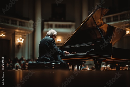 Concert pianist sits focused under spotlight in darkened elegant music hall