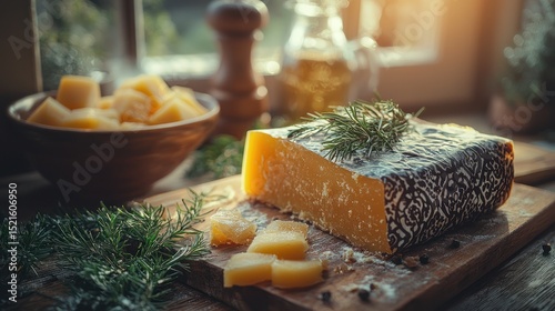Aged cheese, cut wedge, on wooden board, with herbs, and other cheeses in background. Sunlight through window