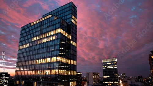Vibrant cityscape at dusk with dramatic clouds and illuminated skyscrapers