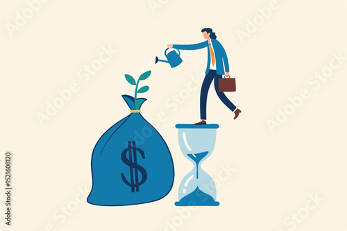 Saving and investment account, prosperity, growth earning from compound interest in long term investing concept, smart businessman investor standing on sandglass watering growing sprout from money bag
