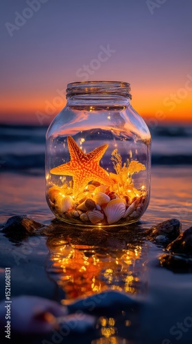 Starfish and seashells glowing inside a jar reflecting on the beach during sunset